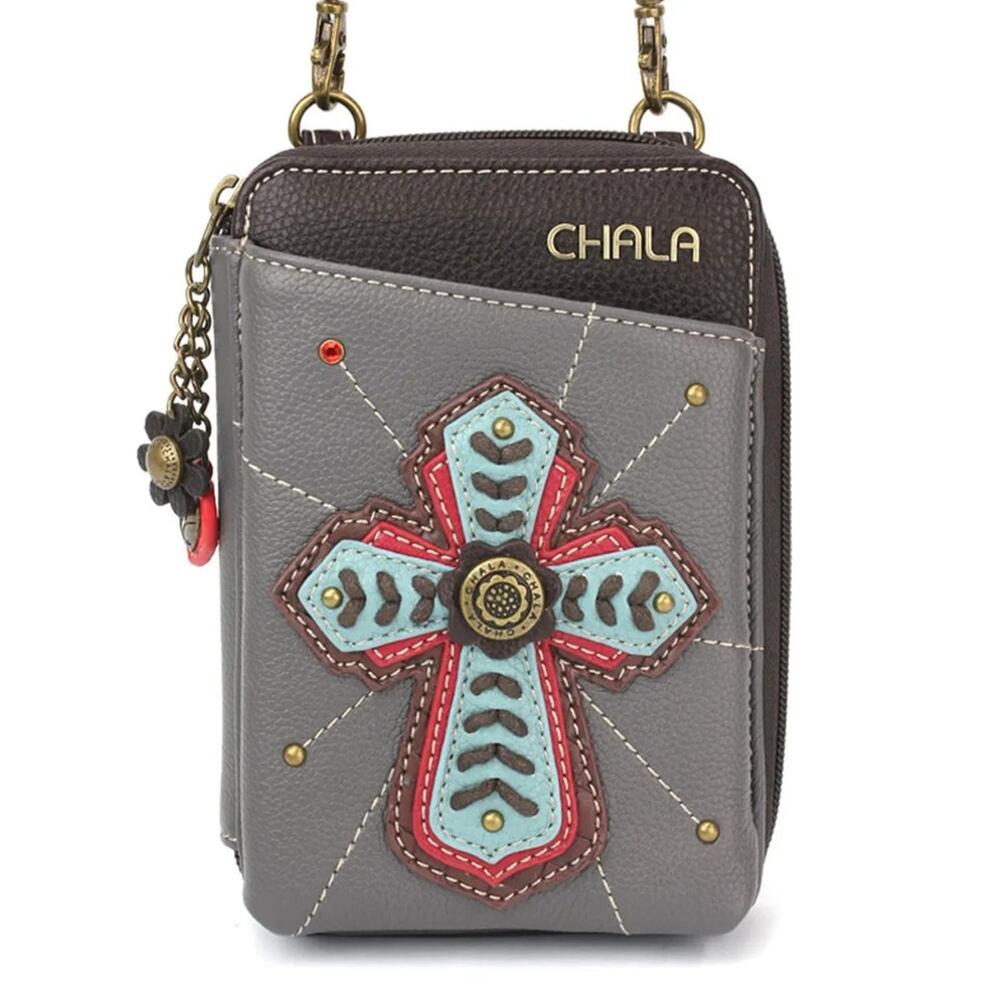 Chala Faux Leather Wallet Crossbody Cell Phone Purse - Chevron Cross, Gray NWT